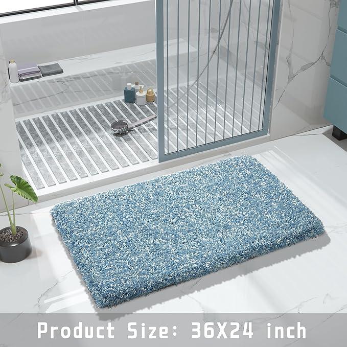 Yimobra Bathroom Rugs Non Slip Washable 36x24, Ultra Soft and Water Absorbent Bath Mats, Plush Fluffy Shower Mat Outside, Luxury Microfiber Thick Matts for Bathroom Floor/Tub, Denim Blue and White - ModernBath