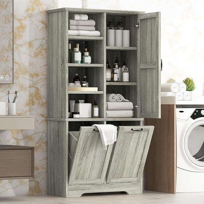 Bathroom Storage Cabinet with Doors and Drawers, Tilt-Out Laundry Hamper, Multiple Storage Space, Freestanding Style, Open Shelve, Adjustable Shelf (Oak) - ModernBath
