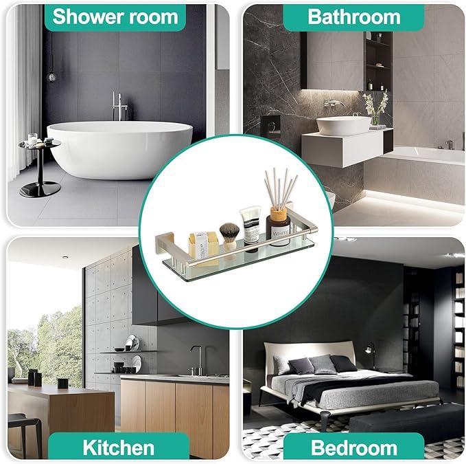Glass Shelves for Bathroom, 16IN Brushed Nickel Bathroom Shelves for Wall Rectangular Stainless Steel Tempered Glass Modern use for Shelf Sink Over Toilet - ModernBath