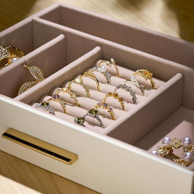 pickpiff Jewelry Box Organizer Case for Women: 5-Layer Jewelry Storage Case with Glass Window, Ivory Leather with Pink Velvet, Holder for Ring Necklace Bracelet Brooch Watch, Great Gift for Her - ModernBath