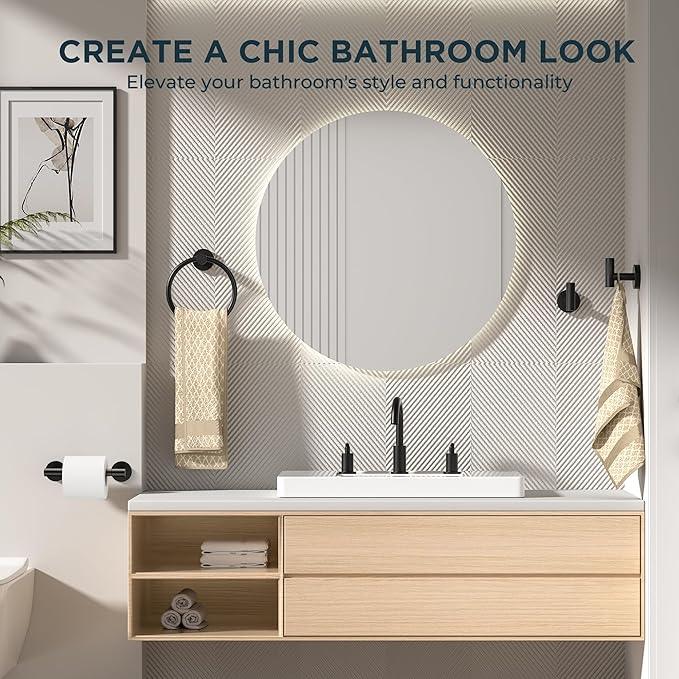FORIOUS 4 Piece Bathroom Accessories, SUS304 Stainless Steel Double Post Pivoting Toilet Paper Holder, Towel Ring and 2 Towel Hooks, Wall Mounted Bathroom Hardware Set (Matte Black) - ModernBath