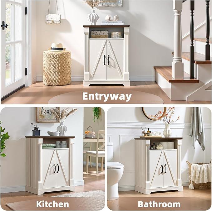 24" Farmhouse Storage Cabinet – Antique White Freestanding Buffet Sideboard with Barn Doors, Adjustable Shelf, Small Coffee Bar for Kitchen, Bathroom & Living Room - ModernBath