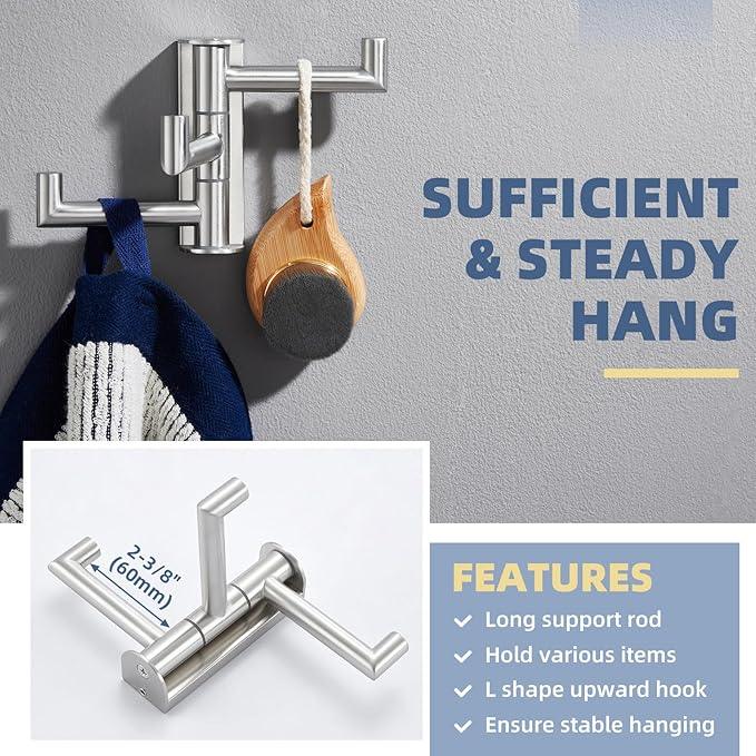 APLusee Swivel Towel Hook for Bathroom Wall Mounted, 304 Stainless Steel 3 Arms Clothes Hook, Flexible Bathroom Kitchen Wall Towel Hanger, Brushed Nickel - ModernBath