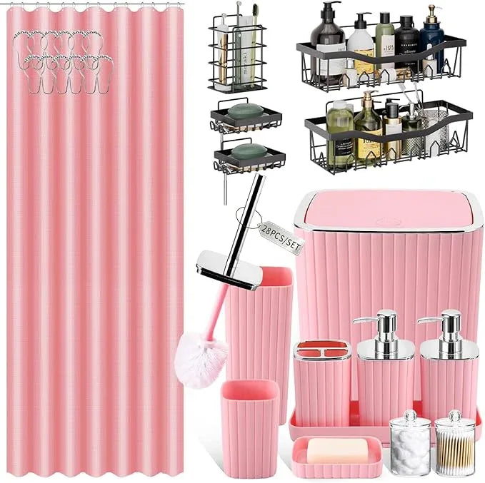 XLHOMO 28PC Bathroom Set - Gorgeous Pink Bathroom Set, Bathroom Accessory Set, Pink Shower Curtain Set with 5PC Shower Caddies - ModernBath