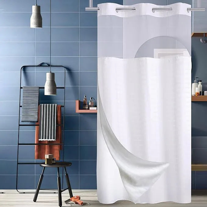 Conbo Mio Stall No Hook Shower Curtain with Snap in Liner Set, Hotel Luxury White Shower Curtains for Bathroom with See Through Top Window, Waterproof, Washable 36W x 74H - ModernBath