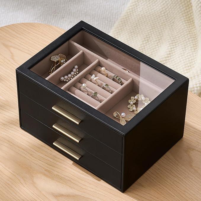 pickpiff Jewelry Box Organizer Case for Women: 3-Layer Jewelry Storage Case with Glass Window, Black Leather with Blush Velvet, Holder for Ring Necklace Bracelet Brooch Watch, Great Gift for Her - ModernBath