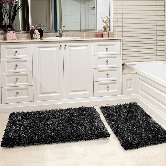 Yimobra Bathroom Rug Set 2 Piece, Luxury Shaggy Bath Mat Set with Non Slip Backing, Ultra Soft & Absorbent Mats for Bathroom Floor, Machine Washable, 44"x24"+24"x17", Black - ModernBath