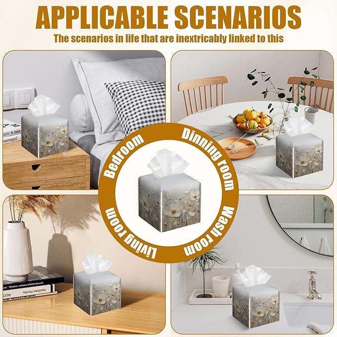 White Poppy Tissue Box Cover 2PCS, Flower Floral Leather Tissue Box Holder Square Facial Paper Case Tissue Box Cube Organizer for Bathroom Bedroom Desk Office - ModernBath