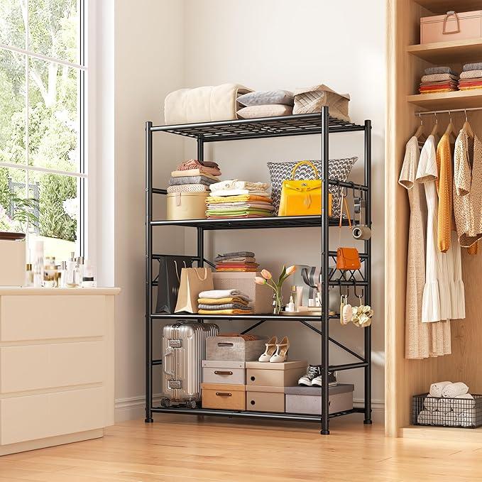 Storage Shelves 4-Tier Large Capacity Metal Shelving with Hooks, Heavy Duty Garage Shelving Unit with Leveling Feet, Stable Metal Shelves for Pantry, Kitchen and Closet,36" W x 12" D x 60" H, Black - ModernBath