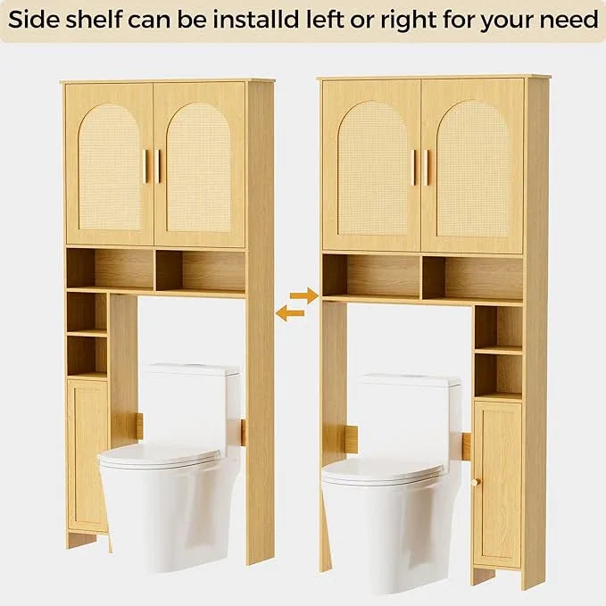 Homhedy 67" H Over The Toilet Storage Cabinet, Boho Bathroom Organizer with Rattan Decorated Doors, Adjustable Shelves, Toilet Paper Holder, Space-Saving Bathroom Shelf for Small Spaces, Natural - ModernBath