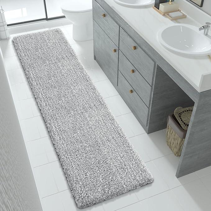 Yimobra Bathroom Runner Rug Non Slip 70"x 24", Super Absorbent Bath Rugs, Quick Dry, Luxury Extra Long Shaggy Fluffy Bath Mat for Double Vanity & Tub Side, Machine Washable, Light Gray and White - ModernBath