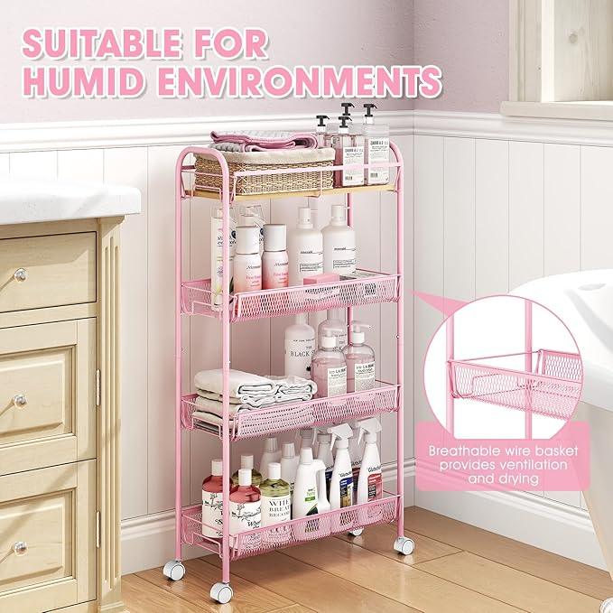 TOOLF 4-Tier Slim Rolling Cart, Metal Storage Cart with Wooden Tabletop and Mesh Baskets for Narrow Space on Kitchen Bathroom Laundry Room Bedroom Apartments Dormitory - ModernBath