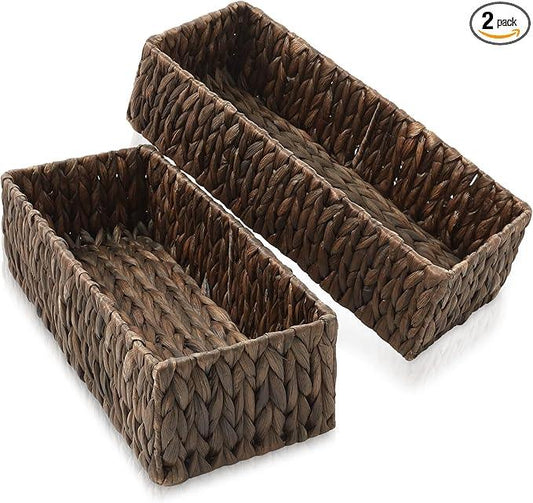 Casafield Set of 2 Bathroom Storage Baskets, Espresso - Water Hyacinth, 16" W x 6.75" D x 4.25" H, Woven Toilet Tank Topper Bins for Organizing Tissues, Toilet Paper, Toiletries, Shelves - ModernBath