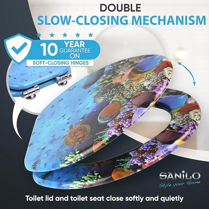 SANILO Wooden Toilet Seat with Soft Close [ELONGATED] - Decorative, Quiet & Slow Close Molded Wood Seat - With Strong Bumpers & Hinges - Adjustable Fit - Ocean - ModernBath