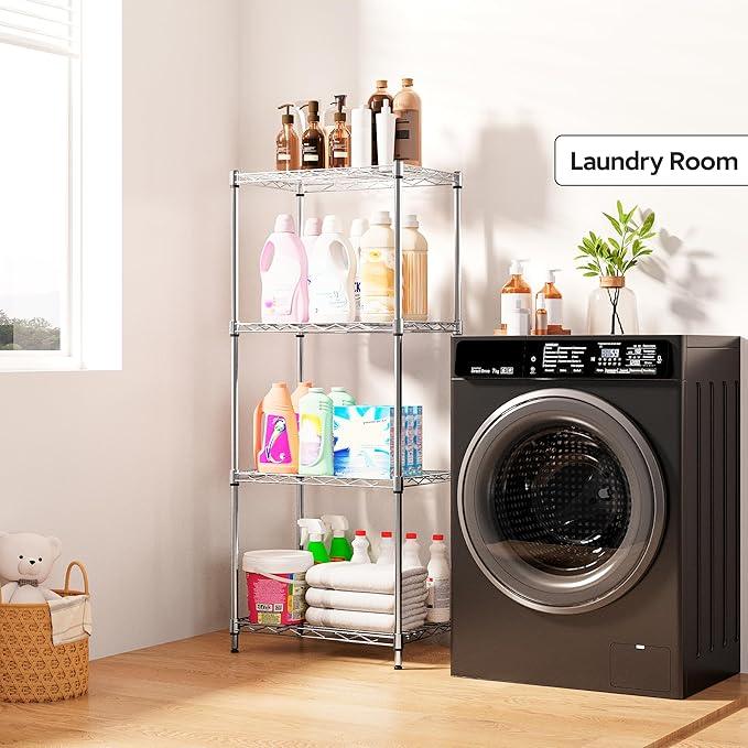 4 Tiers Shelf Metal Storage Shelves Wire Rack Closet Organizers with Wheel for Garage Kitchen Bathroom Laundry Chrome 11.8" D x 17.7" W x 41.9" H - ModernBath