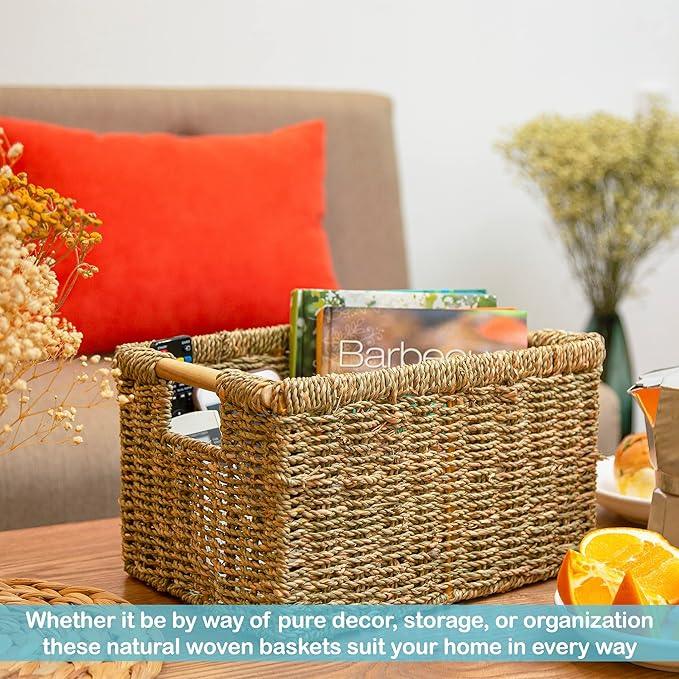 Natural Seagrass Basket with Wooden Handle, Medium Rectuangular Wicker Basket for Living Room 12.2 x 8.9 x 6.7 inches - 3 Pack - ModernBath