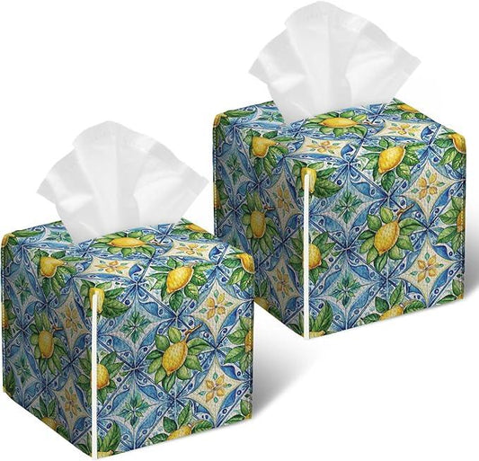 Watercolor Lemon Tissue Box Cover 2PCS, Blue Tile Leather Tissue Box Holder Square Facial Paper Case Tissue Box Cube Organizer for Bathroom Bedroom Desk Office - ModernBath