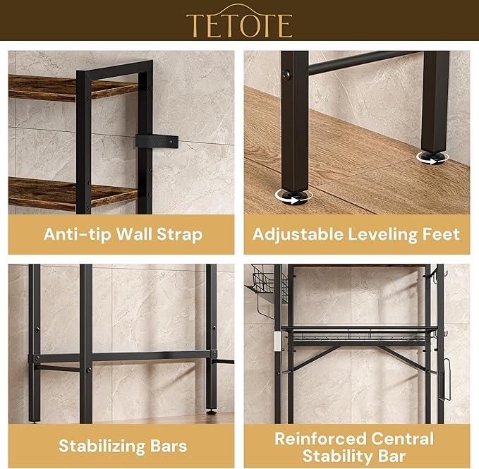 TETOTE Over Toilet Bathroom Organizer, 4-Tier Bathroom Over The Toilet Storage with Adjustable Shelf and Basket, Freestanding Space Saver Bathroom Shelves Above Toilet for Room(Brown) - ModernBath