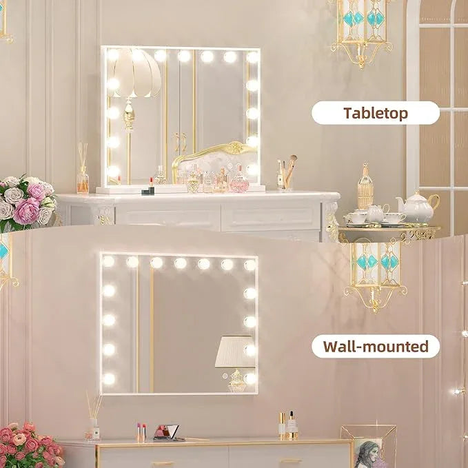 FENCHILIN Vanity Mirror with Lights and Bluetooth Speaker 22.8"x 18.1" Makeup Mirror Lighted Hollywood Mirror with 15 Dimmable LED Bulbs USB Charge Port, 3 Color Lighting Modes - ModernBath