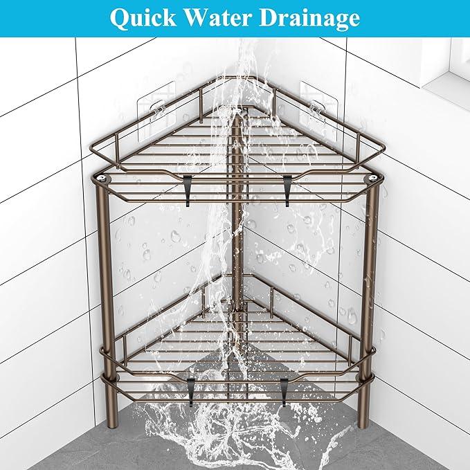 2 Tier Floor Standing Corner Shower Caddy Organizer Shelf with Hooks, Bathroom Shelves Stand Rack, Bronze - ModernBath