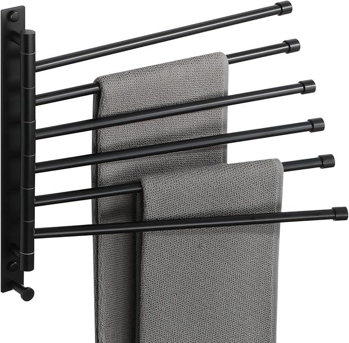 Alise Swivel Towel Rack, SUS304 Stainless Steel 6 Arms Towel Bar, Space Saving Swing Out Towel Bar with Hook, Towel Racks Wall Mounted for Bathroom, Matte Black - ModernBath