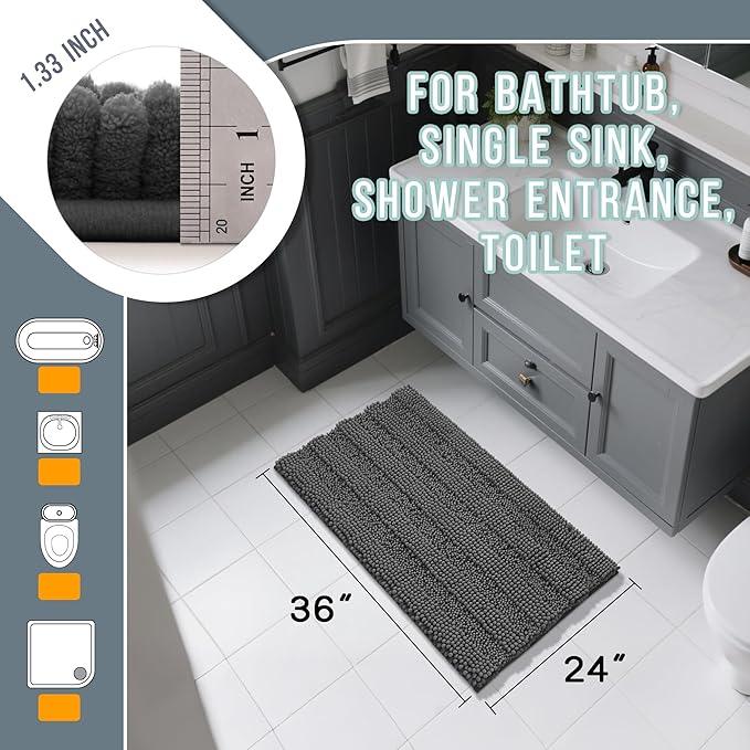 Yimobra Bathroom Rug Mat 36 x 24, Non Slip and Super Absorbent Bath Mat,Machine Washable Quick Dry,Ultra Plush Chenille Shower Rugs for Bathroom Floor Sink Tub and Shower Outside,Dark Gray - ModernBath