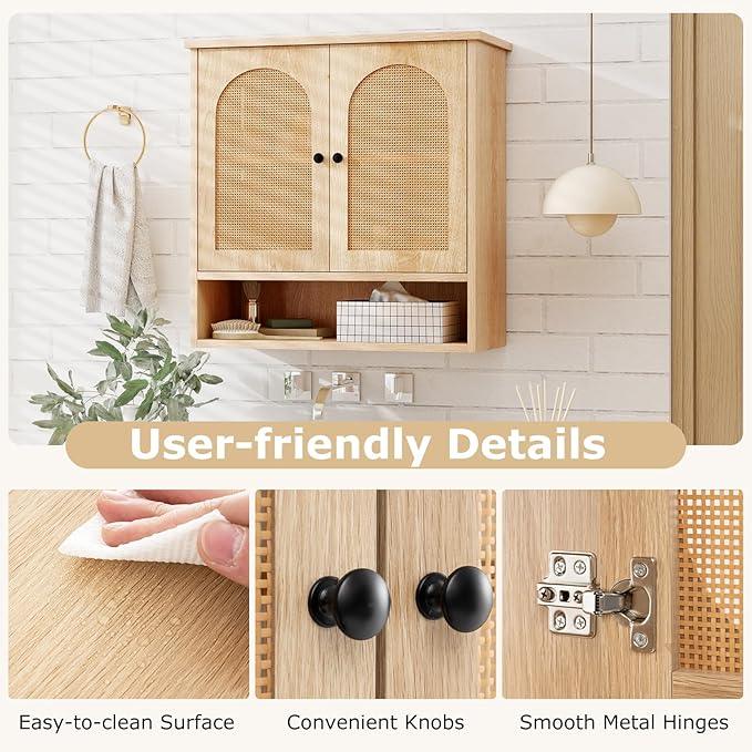 Tangkula Wall-Mounted Medicine Cabinet, with 2 Faux Rattan Doors & Adjustable Shelves, Open-Back Bathroom Cabinet Over The Toilet, Boho Hanging Storage Cupboard for Laundry Kitchen (No Back, Natural) - ModernBath