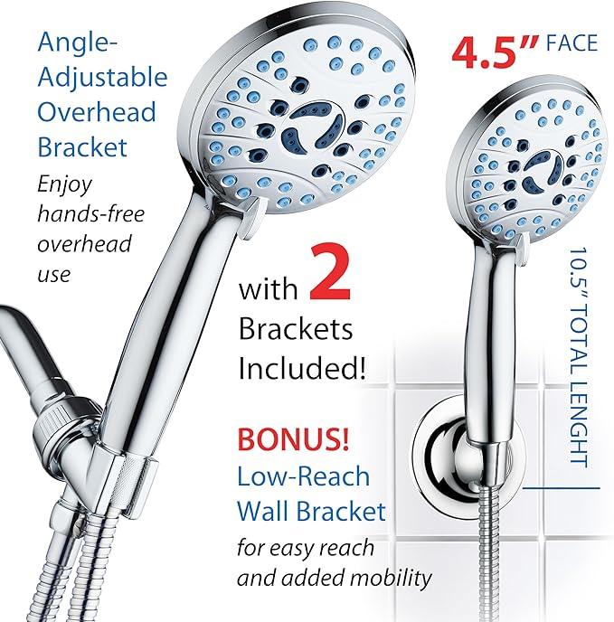 Hotel Spa AquaCare High Pressure 8-Mode Handheld Shower Head - Anti-clog Nozzles, Built-in Power Wash to Clean Tub, Extra Long 6 ft. Stainless Steel Hose, Wall & Overhead Brackets - ModernBath