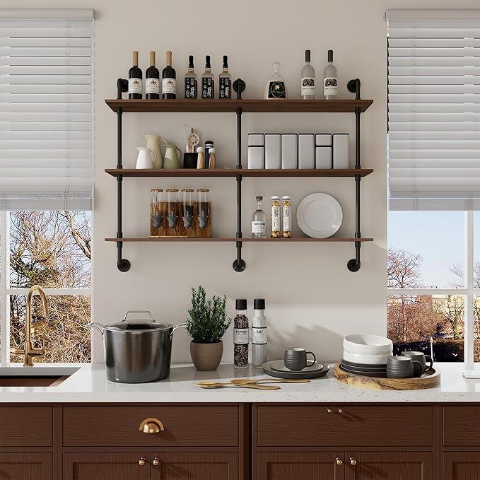 3-Tier Industrial Pipe Floating Shelf – Rustic 48 inch Wood Wall-Mounted Storage Shelf for Kitchen Office,Bathroom & Home Decor -Walnut - ModernBath