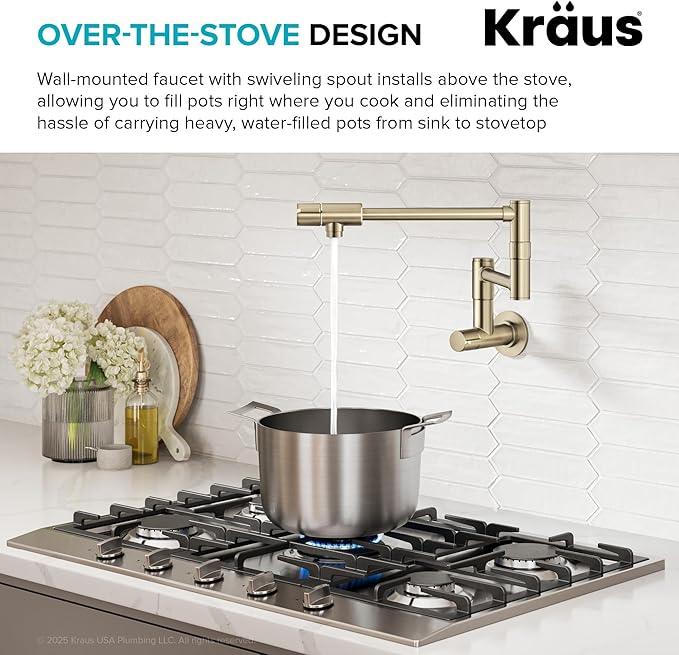 KRAUS Bolden Pot Filler Faucet with Retractable Arm, Wall Mount Kitchen Faucet, Pot Filler for Stove in Spot-Free Antique Champagne Bronze, KPF-5003SFACB - ModernBath