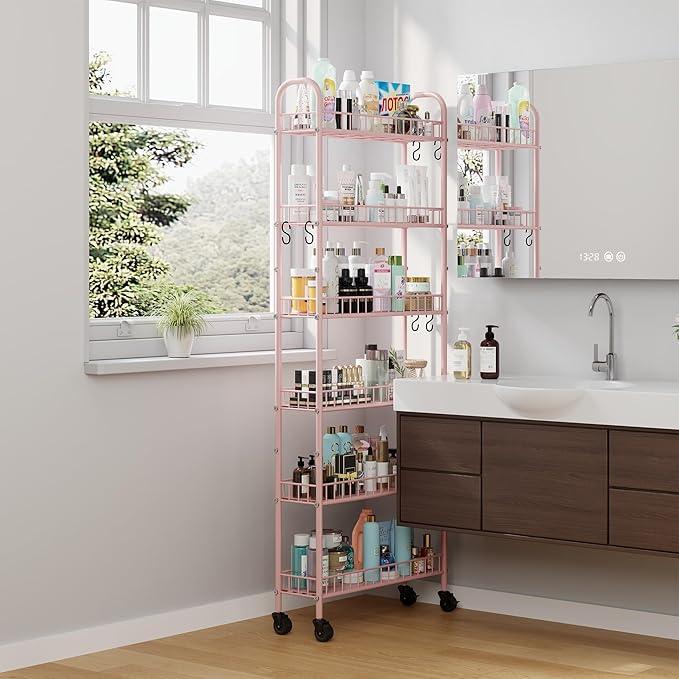 6 Tier Slim Rolling Storage Cart with Wheels, Metal Mobile Shelving Unit Organizer Utility Cart for Office Bathroom Kitchen Laundry Room Narrow Places (Pink 6 Inches) - ModernBath