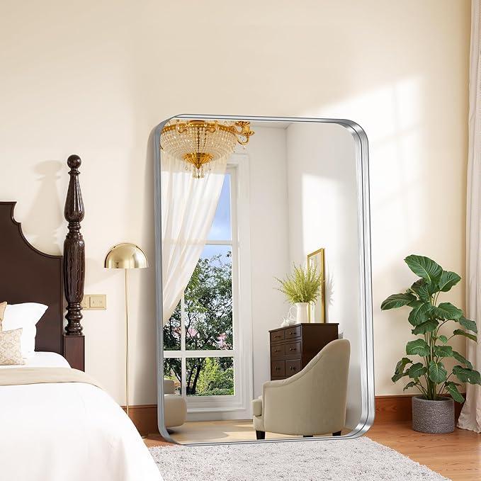 FORBATH 55x36 Inch Large Bathroom Mirror for Double Sinks, Brushed Silver Deep Frame Wall Mirror with Rounded Corners, Anti-Rust Tempered Glass for Modern Farmhouse Vanity (Horizontal/Vertical) - ModernBath