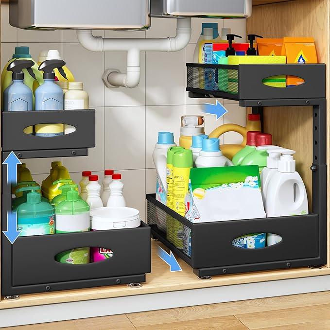Under Sink Organizer, 2 Tier Pull Out Under Cabinet Organizer Shelf with Pad for Framed Cabinets, Metal Slide Out Under Sink Storage, Mesh Sliding Drawers for Kitchen Bathroom Laundry(Black, 1 Pack) - ModernBath