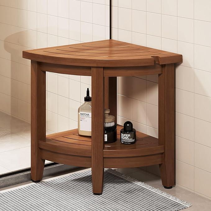 Jekruiet 18" Teak Corner Shower Stool, Inside Shower Stool with Storage Shelf, Waterproof Teak Stool for Shaving Legs and to Sit On, 2-Tier Shower Stool,Adjustable Feet, Non-Slip, Brown - ModernBath