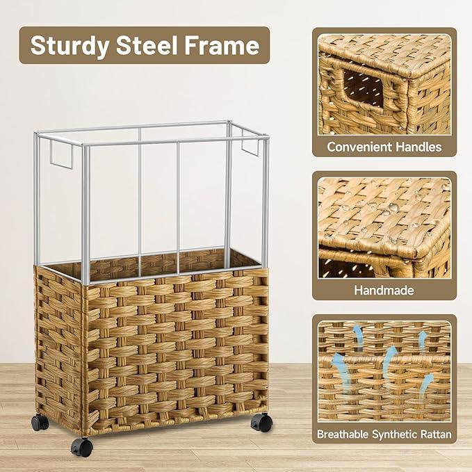 Hiagnete Toilet Paper Storage Basket with Lid and Wheels, Rattan Toilet Paper Holder Storage, Toilet Paper Organizer for Bathroom, Bedroom, Kitchen, 12.6”L x 7.1”W x 17.14”H, Naturall - ModernBath