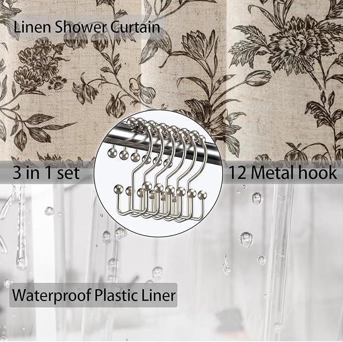 3 in 1 Shower Curtain with Liner and Hooks Black Floral Cotton Linen Shower Curtain for Bathroom 72" W x 72" L Double Layer Shower Curtain - ModernBath