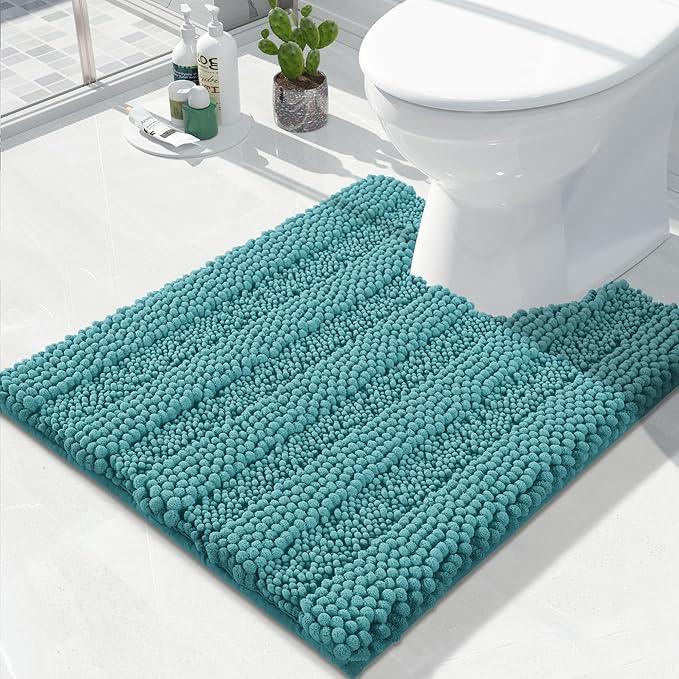 Yimobra Toilet Rugs U Shaped Washable 24 x 20, Non Slip and Super Absorbent Toilet Mat, Quick Dry, Ultra Luxury Microfiber Chenille Plush Fluffy Contour Bath Rugs for Toilet Base, Teal Blue - ModernBath