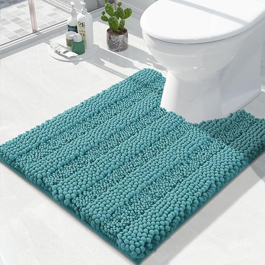 Yimobra Toilet Rugs U Shaped Washable 24 x 20, Non Slip and Super Absorbent Toilet Mat, Quick Dry, Ultra Luxury Microfiber Chenille Plush Fluffy Contour Bath Rugs for Toilet Base, Teal Blue - ModernBath