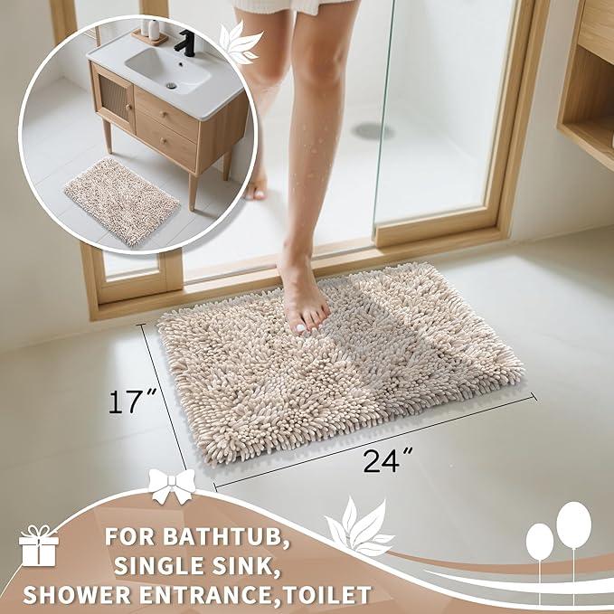 Yimobra Chenille Bathroom Rugs Non Slip, Extra Thick Soft Absorbent Bath Rug, Machine Washable Quick Dry Bath Mat for Bathroom Floor, Tub and Shower, Home Decor Accessories, 24x17, Khaki - ModernBath