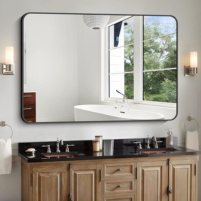 CIVENO Bathroom Mirror, 48x36 inch Black Rectangle Wall Mirror, Metal Frame Rounded Corner Vanity Mirror, Large Wall Mounted Mirror for Over Sink Bedroom Living Room Horizontal Or Vertical Mounting - ModernBath