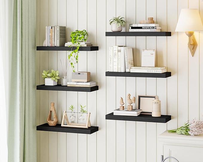 Fixwal 15.8in Black Floating Shelves, Set of 6 Wood Shelves, Farmhouse Shelf Wall Decor for Bathroom, Bedroom, Living and Kitchen Room - ModernBath