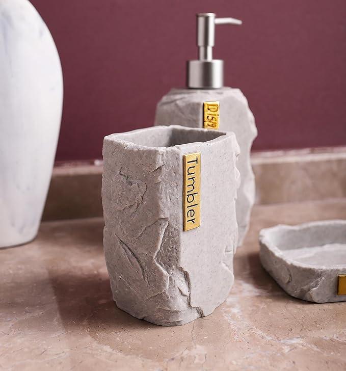 Hymmah Bathroom Accessories Set,Marble Design Toothbrush Holder,Farmhouse Bathroom Decor,4 Pcs Resin Gift Set Apartment Necessities, Contain Toothbrush Cup,Soap Dispenser,Soap Dish,Tumbler - ModernBath