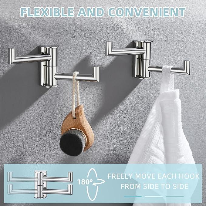 Angle Simple Swivel Hook for Towel Polished Chrome 2 Pack, 304 Stainless Steel Bathroom Towel Double Hook for Wall - ModernBath