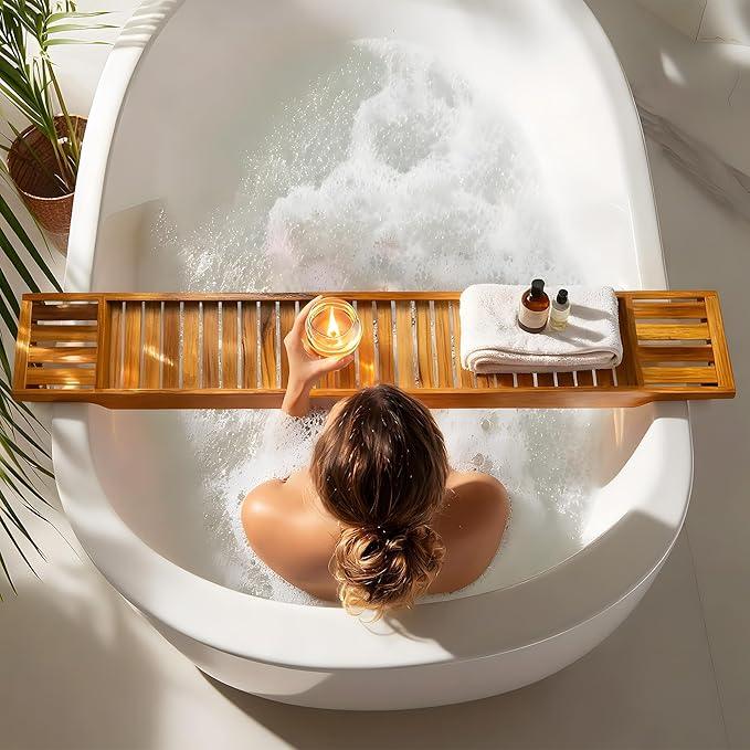 VaeFae Teak Bathtub Tray, Wooden Bath Caddy for Bathtub, Bath Tub Wood Table for Tub, 39.8" x 6" x 1.8" - ModernBath