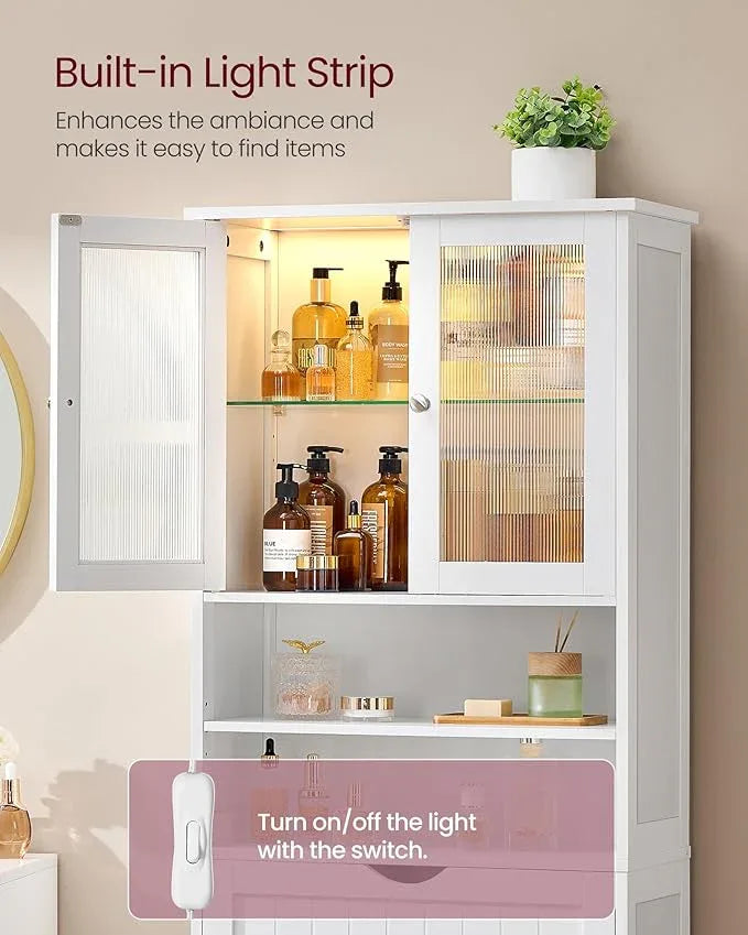 VASAGLE Storage Cabinet with LED Lights, Freestanding Storage Unit with Adjustable Shelves, Drawer, Open Compartments, for Bathroom, Living Room, Kitchen, Cloud White UBBC767WH01S - ModernBath