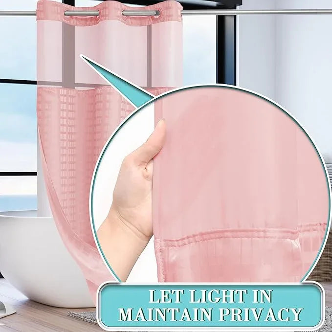 Conbo Mio Stall No Hook Shower Curtain with Snap in Liner Set, Hotel Luxury Pink Shower Curtains for Bathroom with See Through Top Window, Waterproof, Washable 36W x 74H - ModernBath