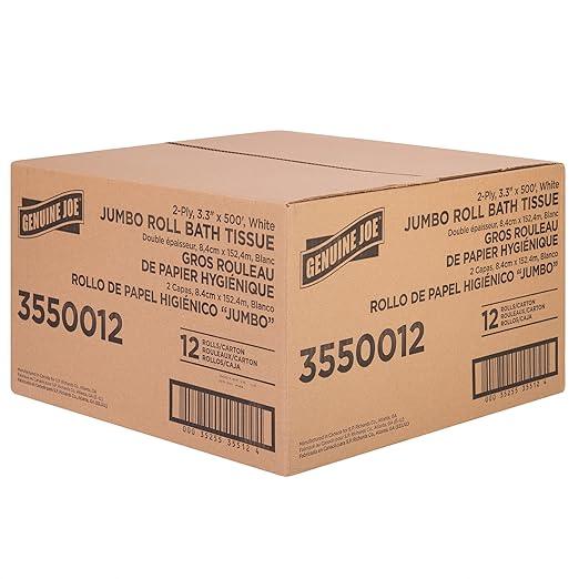 Genuine Joe Jumbo Roll Bath Tissue, 2-Ply, 3.3" x 500', White, 12 Count - ModernBath