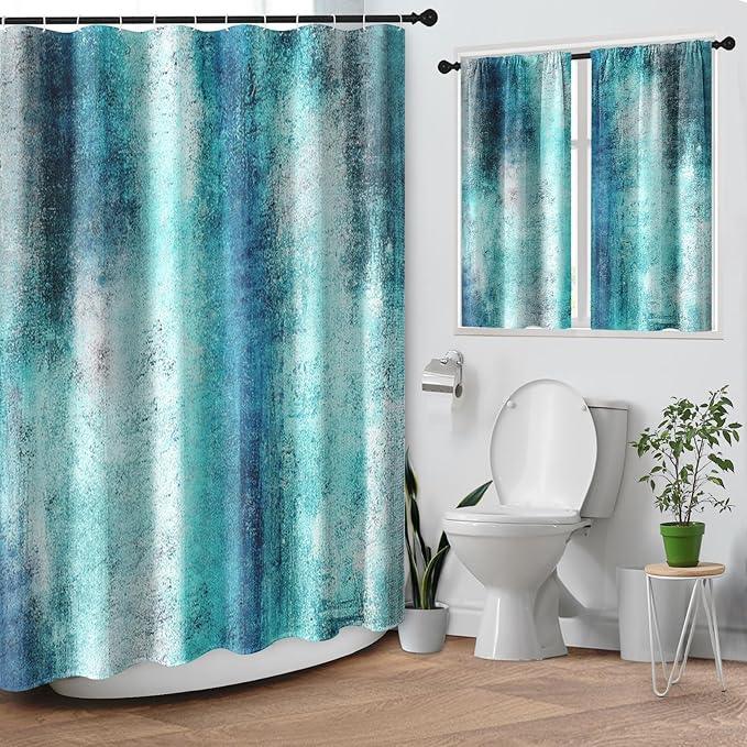 Culudea Turquoise Teal Grey Gray Waffle Textured Cloth Shower Curtain Set, Painting Abstract Modern Art Bathroom Window Waterproof Shower Curtains for Bathroom Decor - ModernBath