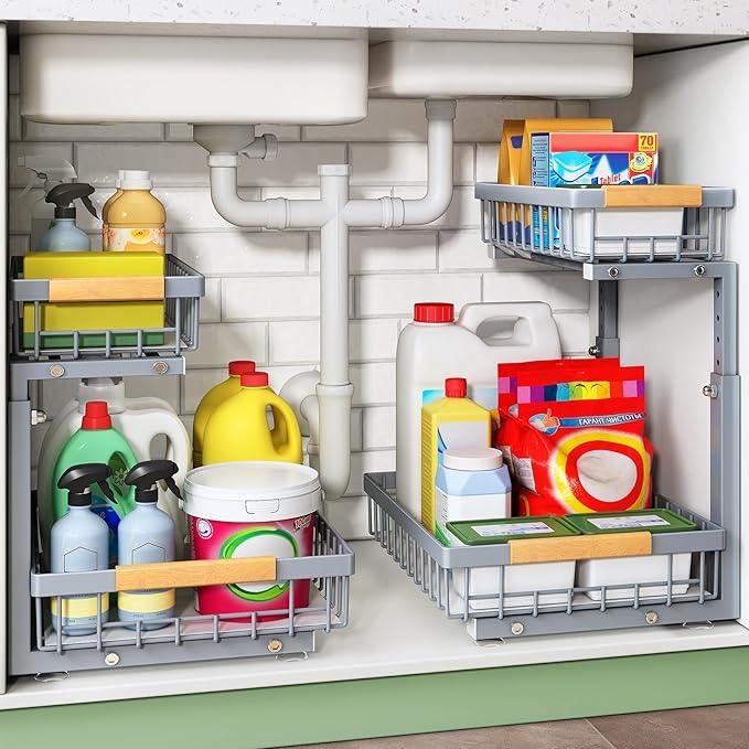 Kitstorack Under Sink Organizer, 2 Packs 2 Tier Under Sink Organizers and Storage, Slide out Pull out Cabinet Organizer Shelf, Metal Sliding Drawer for Kitchen Bathroom Pantry Closet Rack(Grey) - ModernBath