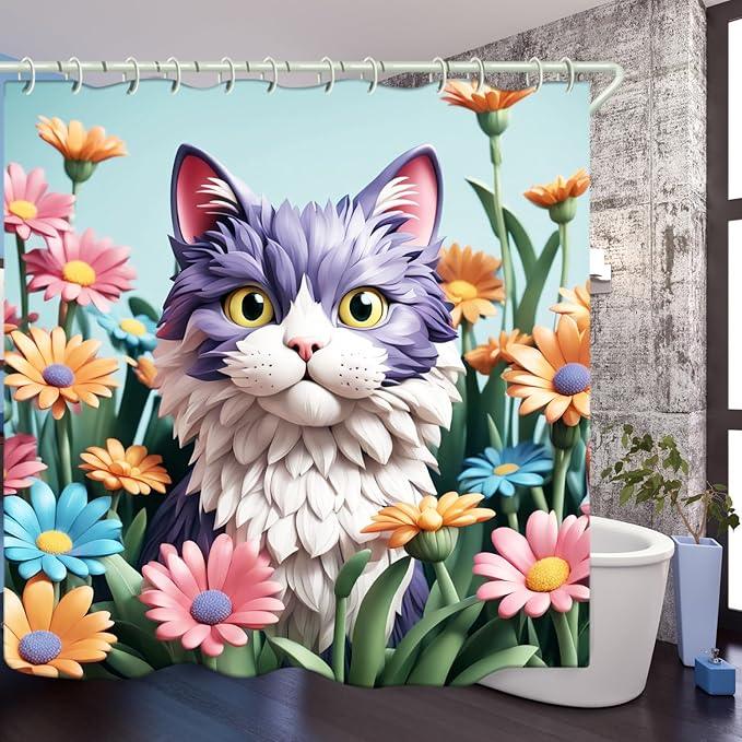LYFANS Bathroom with Purplish White Cat 3D Shower Curtains, Luxury Bathtub Standard Shower Curtain, Waterproof and Bright Fabric Shower Curtain Size (72x72 Inches) - ModernBath